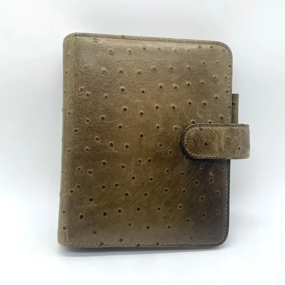 Franklin Covey Brown Green Ostrich Leather Planner Structured 3-Ring Binder Card